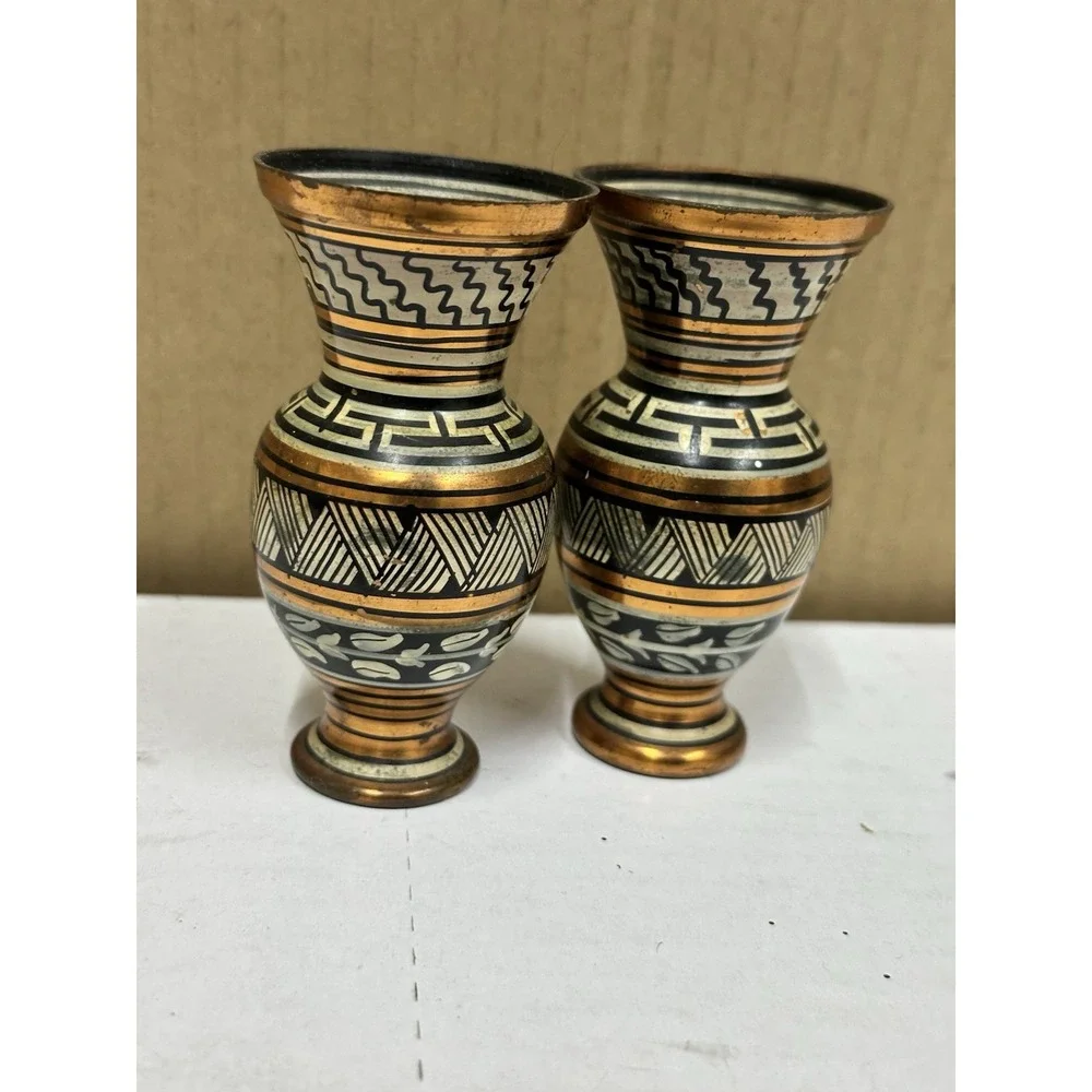 Copper Vase From Greece Beautiful Pattern Aztec Flowers Rare Collectible‎ 3.0 In